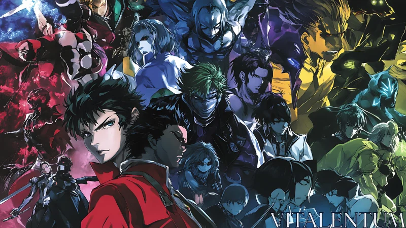 Multiple stylized figures occupy a densely layered composition