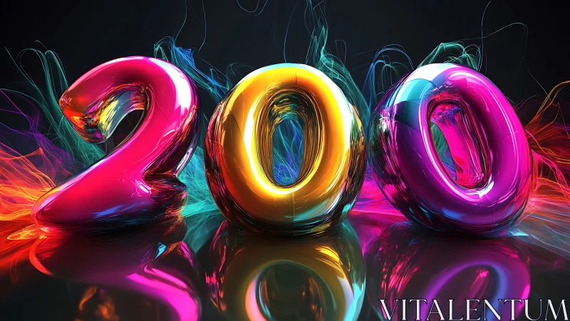 3D chromatic 200 numeral sculpture with neon light trails.