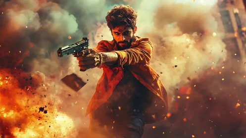 Explosive action hero framed in cinematic firestorm.