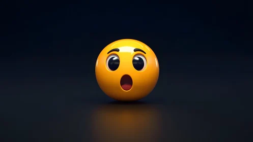 3D shocked emoji face on dark background, digital art style.