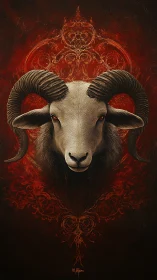 Ram head portrait on dark red ornamental background.