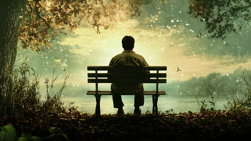 Solitary figure on lakeside bench under warm glowing sky