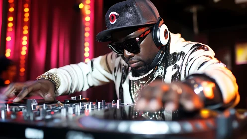 Club DJ locks into the beat under neon club lights