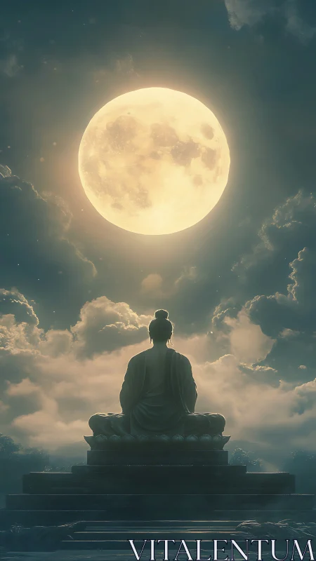 Enlightened Buddha statue contemplates a luminous full moon.