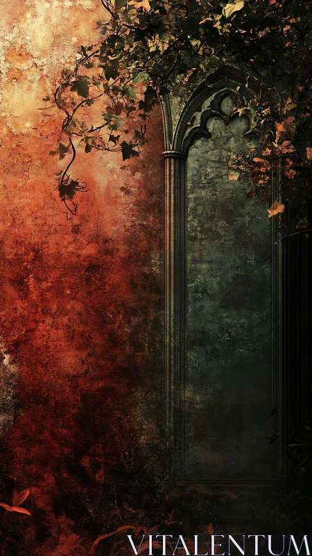 Gothic archway shrouded in ivy against burning wall textures.