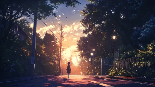 Sunlit hillside street with solitary child in soft glow.