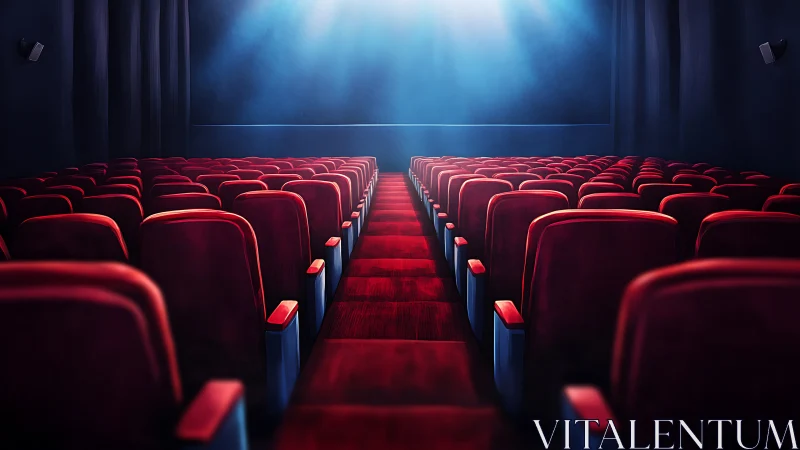 Cinematic auditorium with red seats under ethereal blue light.