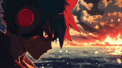 Determined anime hero in headphones against burning sunset.