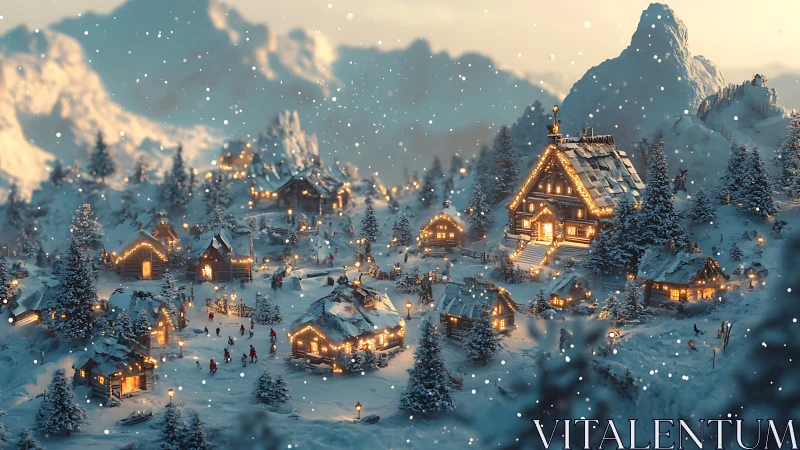Snow-dusted mountain village aglow with storybook warmth.