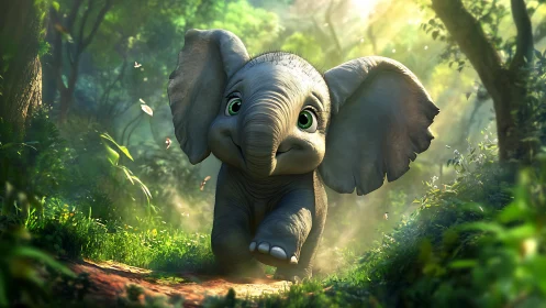 Bright-eyed baby elephant trotting through sunlit jungle.