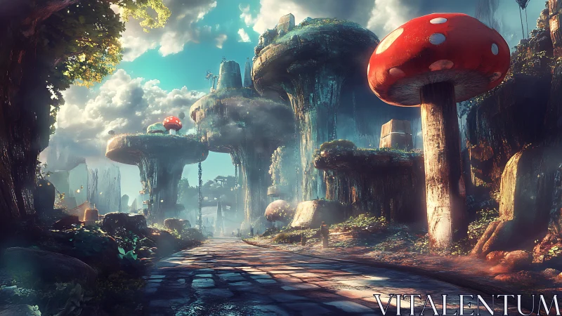 Giant forest mushrooms tower over misty stone pathway.