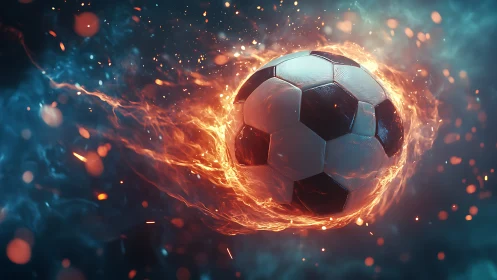 Fiery soccer ball streaks through glowing blue smoke.