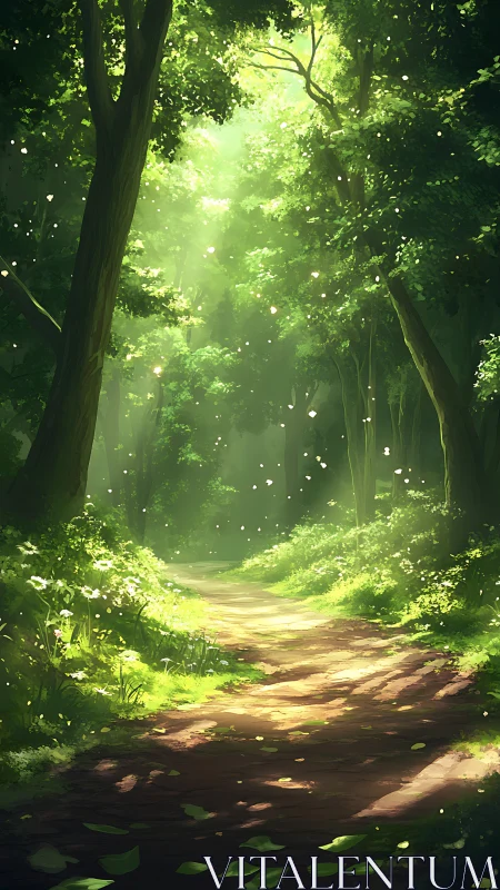 Luminous Forest Pathway with Ethereal Light Particles Penetrating Canopy