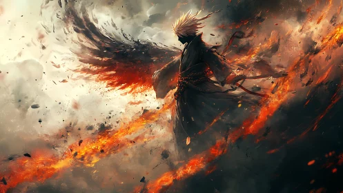 Fierce winged warrior rises through a storm of living fire.