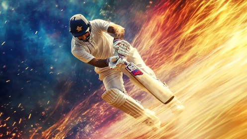 Cricketer driving shot amid dynamic abstract flames.