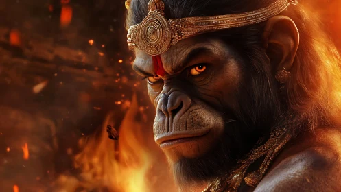 Simian warrior figure in ornate crown amid firelight.