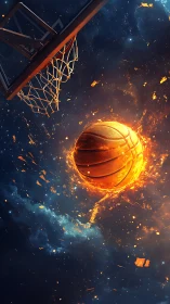 Incandescent basketball streaks toward hoop in deep cosmic void