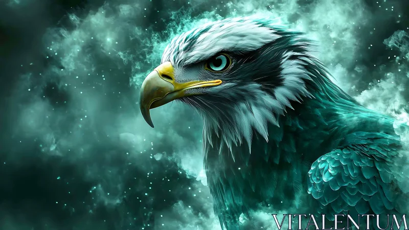 Majestic Eagle in Vibrant Teal Fantasy Art with Smoky Background.