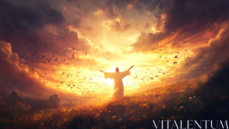 Radiant robed figure embracing glowing celestial sunrise field.