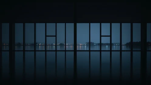 Glass wall frames tranquil blue harbor skyline at night.