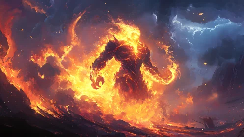 Molten titan strides from the storm, tearing night in half