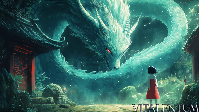 Forest child meets luminous dragon guardian at dusk.