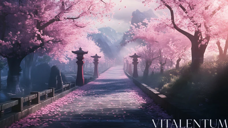 Stone walkway under cherry blossoms with misty mountain vista
