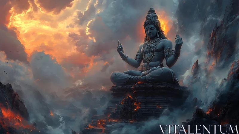 Divine mountain deity in meditative firelit stormscape.