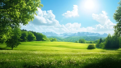 Sunlit alpine meadow spreads beneath distant blue ridges.