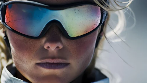Close-up of skier wearing reflective goggles in winter light.