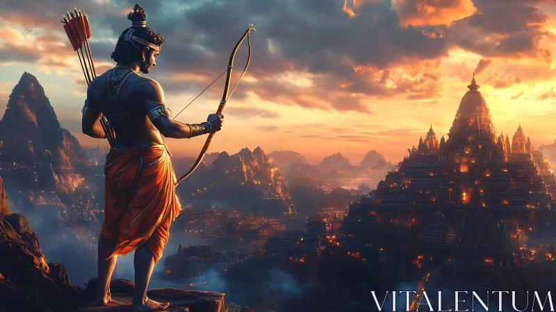 Sunset archer overlooking blazing mythic temple citadel.