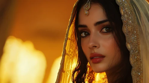 Photorealistic portrait with jeweled veil and warm backlight.