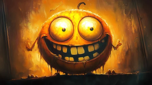 Grinning orange monster radiates eerie golden glow in shadows.