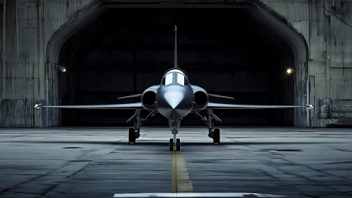 Stealth jet front view poised in concrete aircraft hangar.