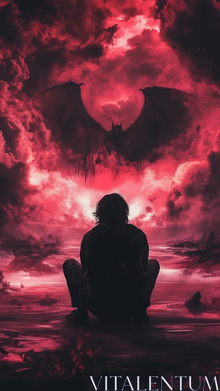 Lone figure confronts colossal dragon in crimson storm sky.