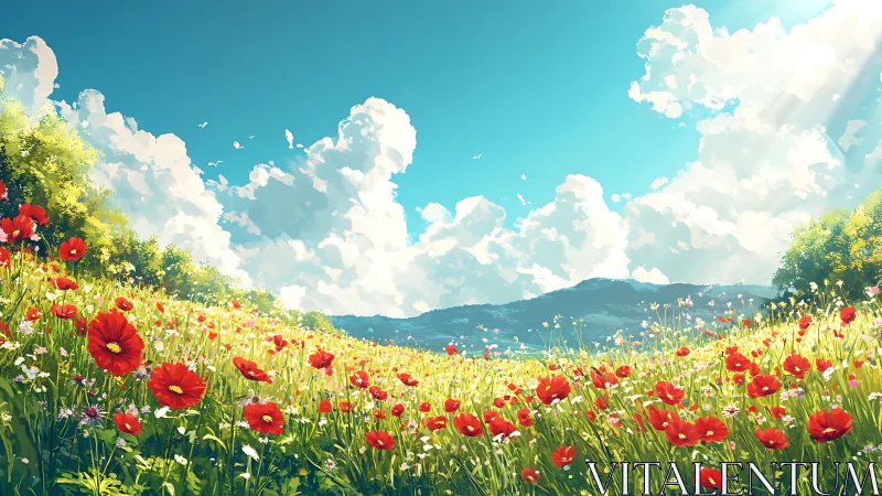 Sunlit wildflower meadow opens to gentle hills and bright sky