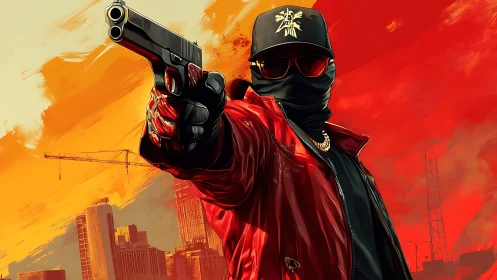 Crimson city outlaw framed in blazing sunset crossfire.