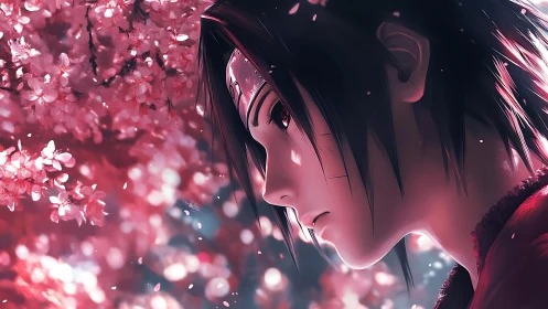Side-profile shinobi portrait amid chromatic sakura bloom.