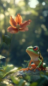 Curious little frog admiring a glowing orange forest bloom.