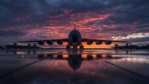 Sunrise reflections with a waiting jet on the runway.