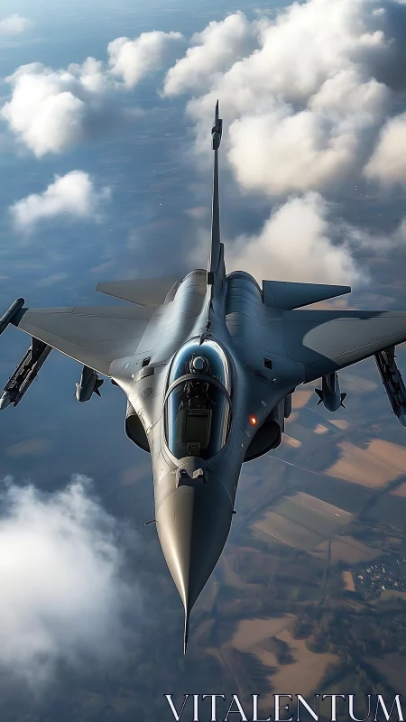 Steel predator skims cloud tops in sunlit aerial ballet