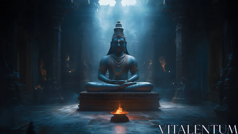 Mystic blue deity statue in dimly lit temple interior.