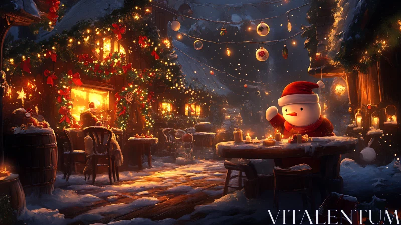 Snowman Santa savors cocoa in lanternlit winter market.