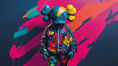 Cartoon figure in colorful jacket against abstract neon backdrop