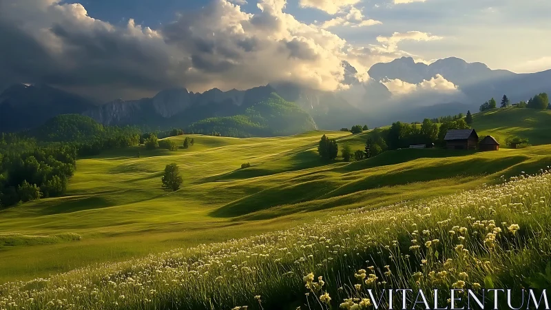 Sunlit alpine meadow under convective cloud shadow gradients.