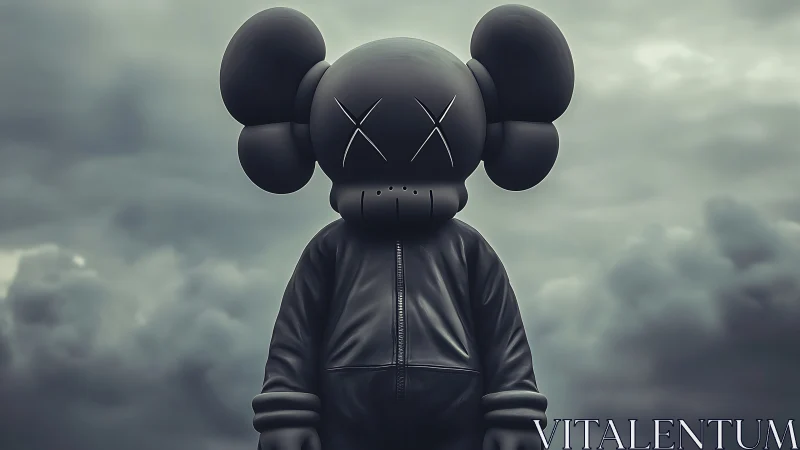 Monochrome vinyl mascot in stormy atmospheric outdoor scene