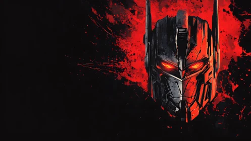 Metallic robotic mask on red splatter background.