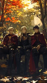 Three armored warriors resting under bright autumn trees.