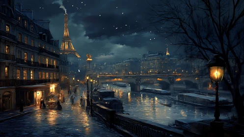 Snowy Paris riverside night with Eiffel Tower view.