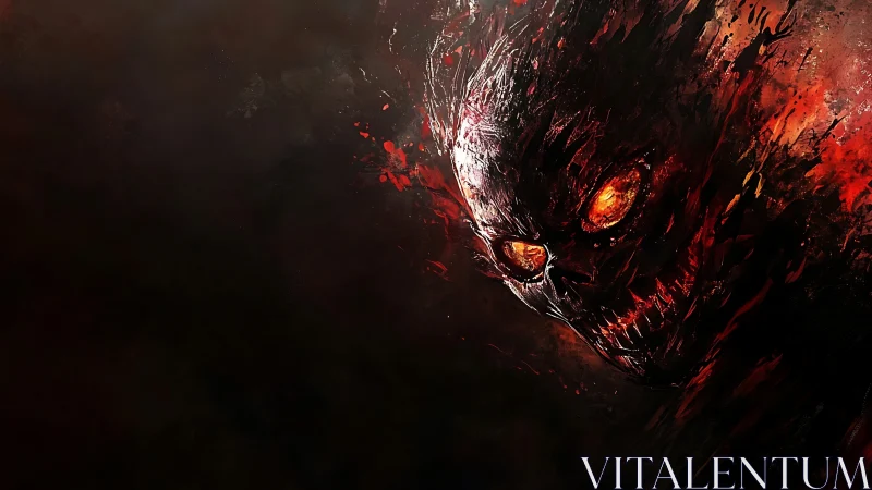 Demonic skull emerges from fiery darkness in brutal detail.